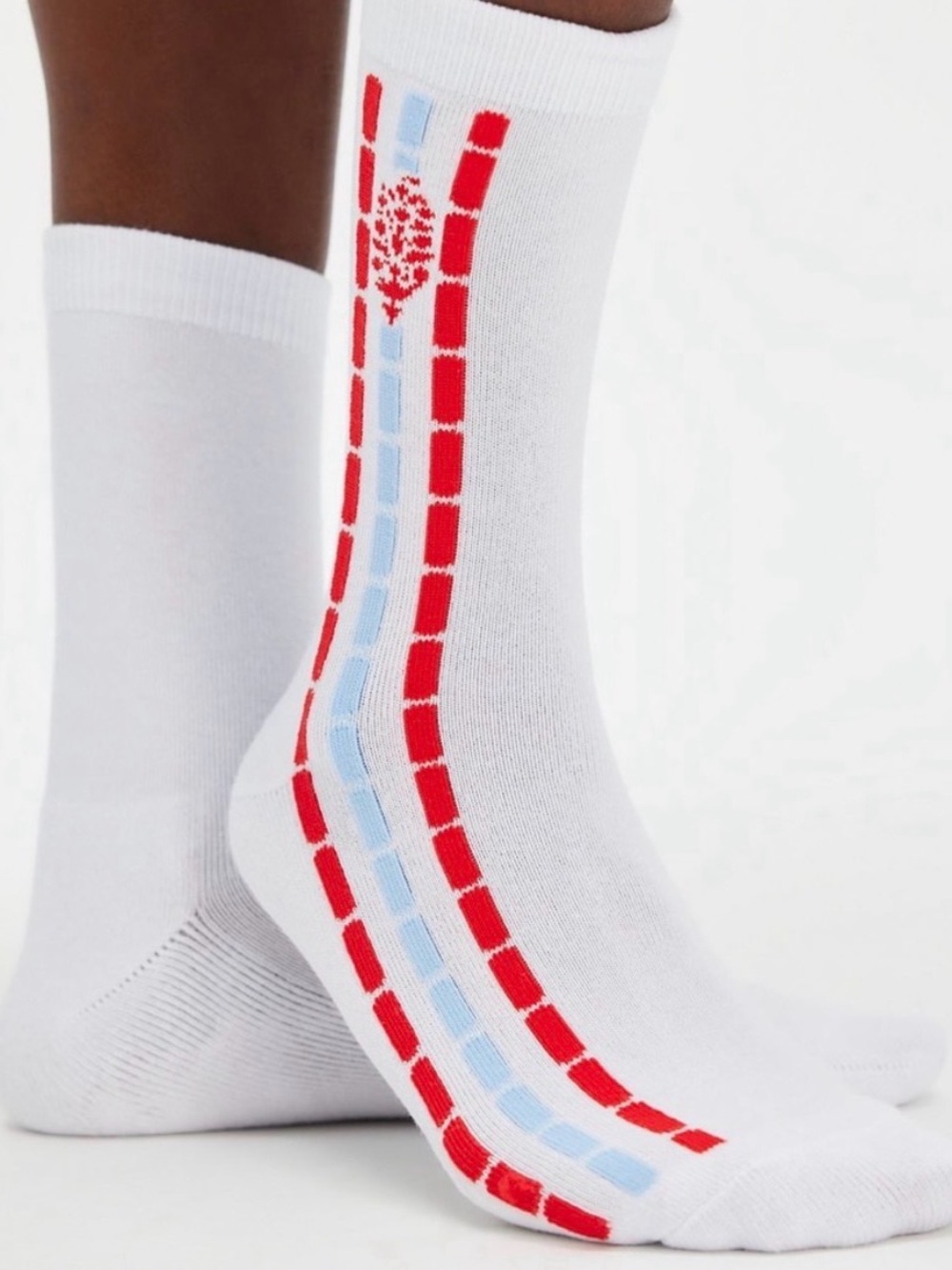 NWT FP Movement by Free People White Crew Socks with Red & Light Blue Stripes OS